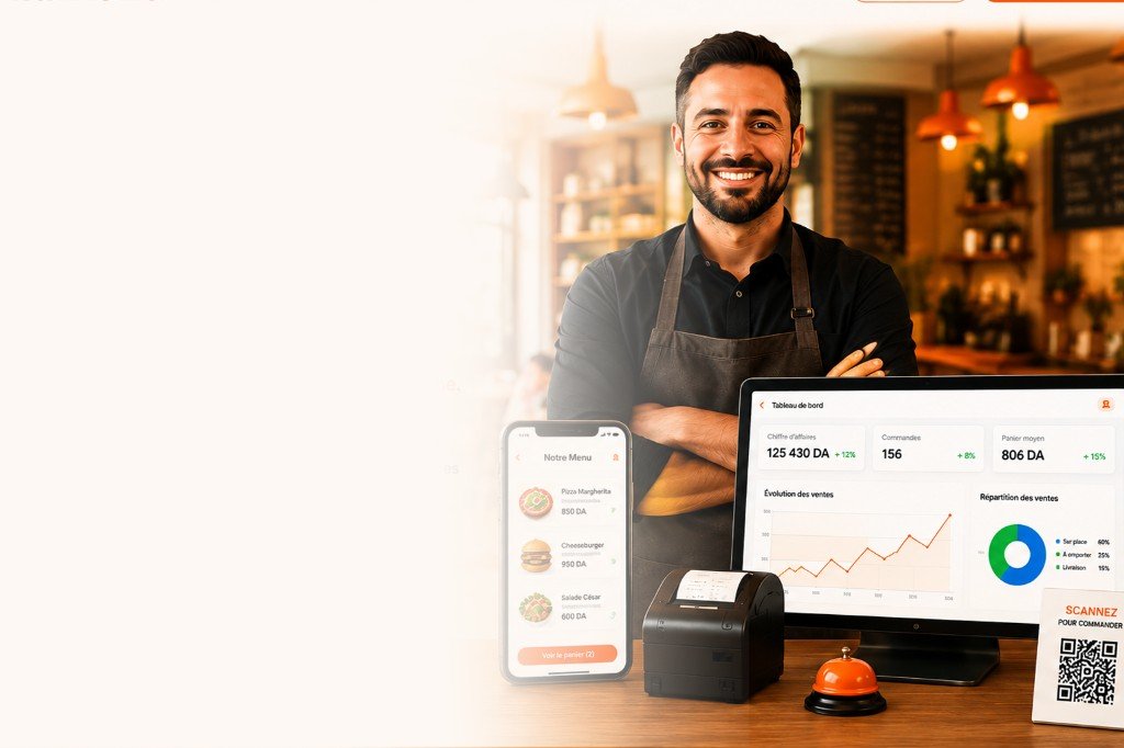 Gérant avec menu digital, tableau de bord et ticket cuisine Mili Menu.