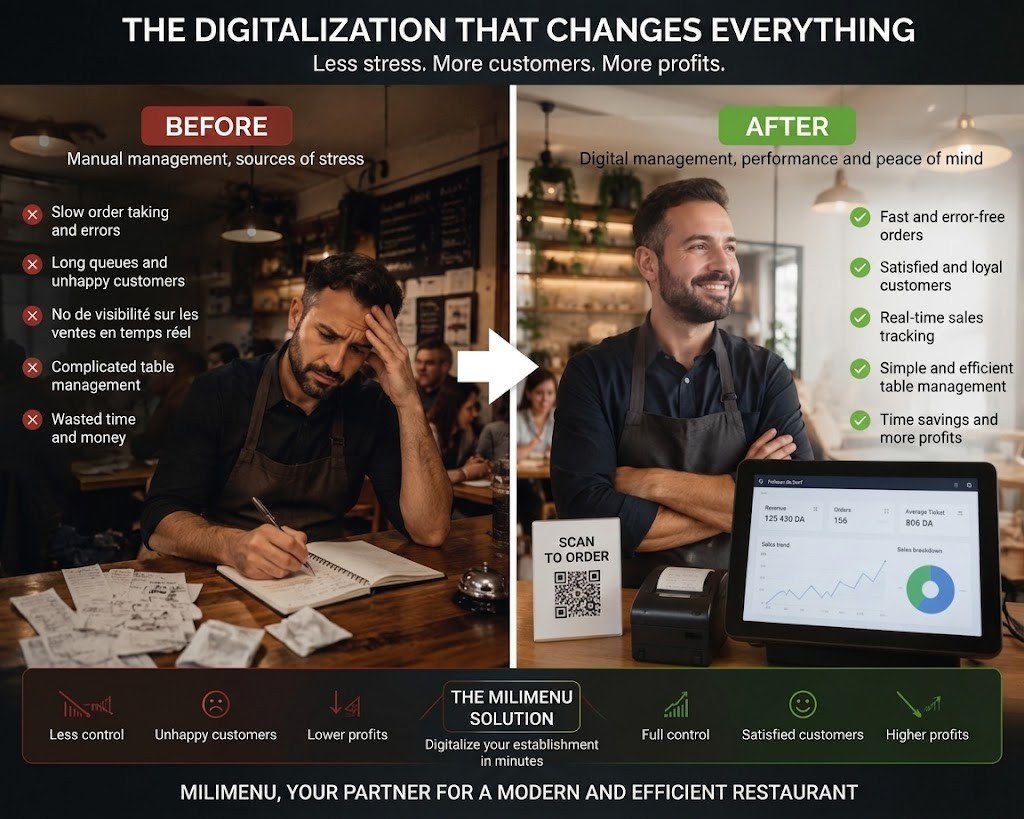 Before: a stressed manager. After: a calm manager with Mili Menu.