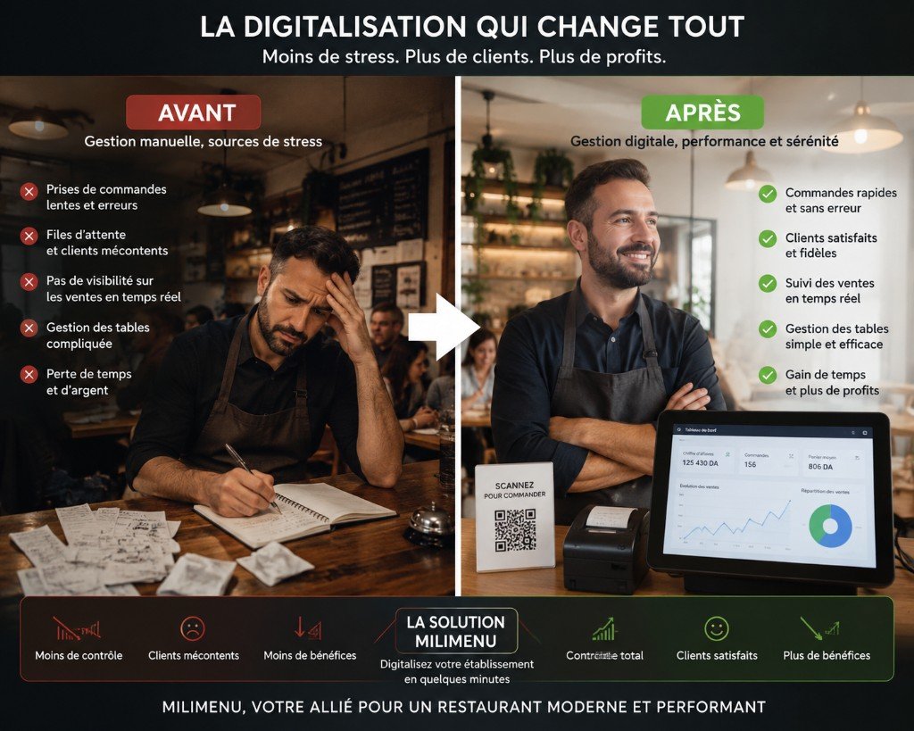 Avant : gérant stressé. Après : gérant serein avec Mili Menu.